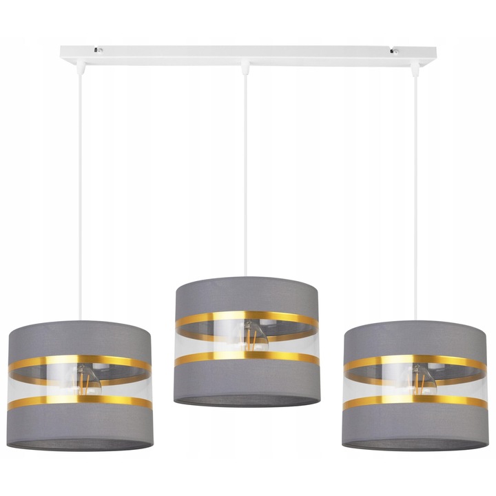 Plafoniera suspendata, Light Home, Elegance gold, reglabile, Lungime 90 cm, Abajur 20 cm, E27, 3 punct de lumina, material textil, Gri/Auriu/Alb