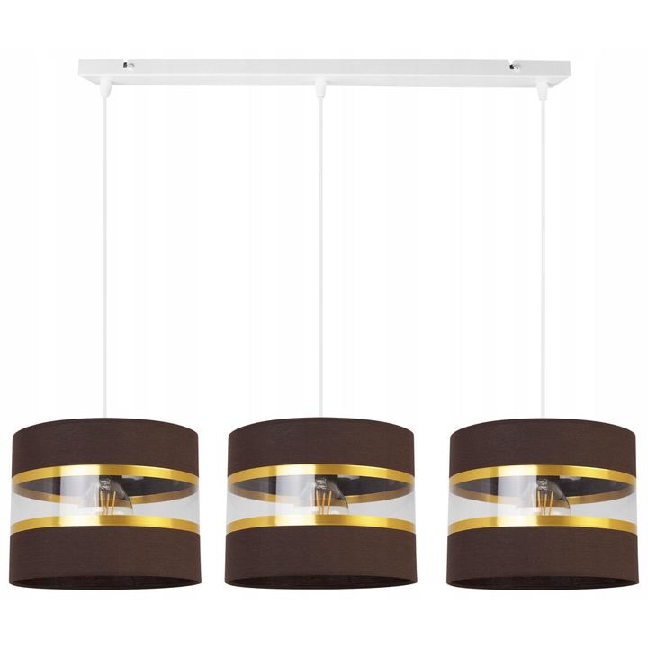 Plafoniera suspendata, Light Home, Elegance gold, reglabile, Lungime 90 cm, Abajur 20 cm, E27, 3 punct de lumina, material textil, Maro/Auriu/Alb