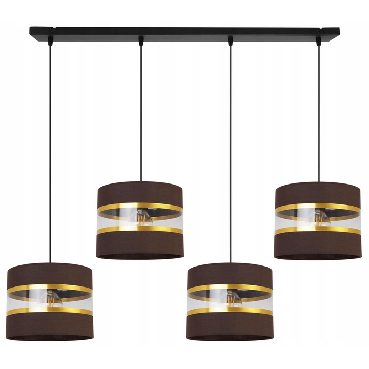 Plafoniera suspendata, Light Home, Elegance gold, reglabile, Lungime 90 cm, Abajur 20 cm, E27, 4 punct de lumina, material textil, Maro/Auriu/Negru