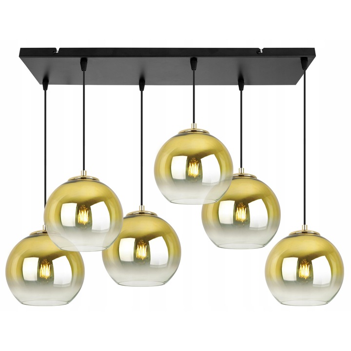 Plafoniera suspendata, Light Home, Bergen, reglabile, Lungime 92 cm, Abajur 20 cm, E27, 6 punct de lumina, sticla, Auriu