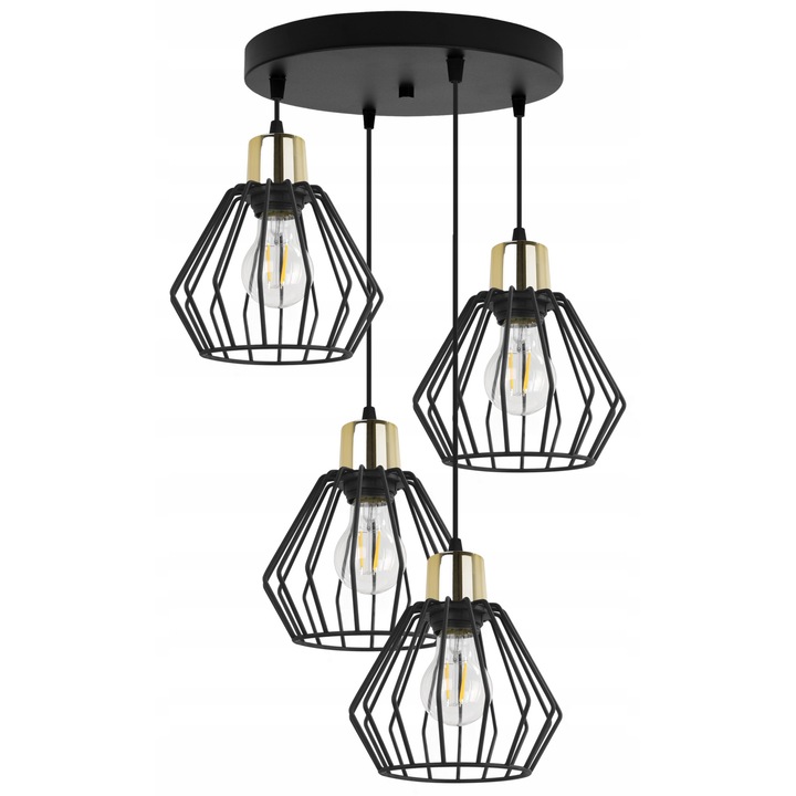 Plafoniera suspendata, LightHome, Nuvola, Retea de alimentare, 60 W, 4 puncte luminoase, 18 cm, 89x46 cm, E27, metal, Auriu/Negru