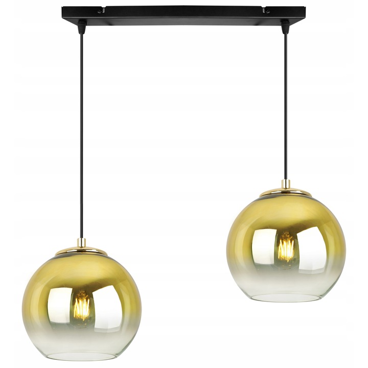 Plafoniera suspendata, Light Home, Bergen, reglabile, Lungime 87 cm, Abajur 15 cm, E27, 2 punct de lumina, sticla, Auriu