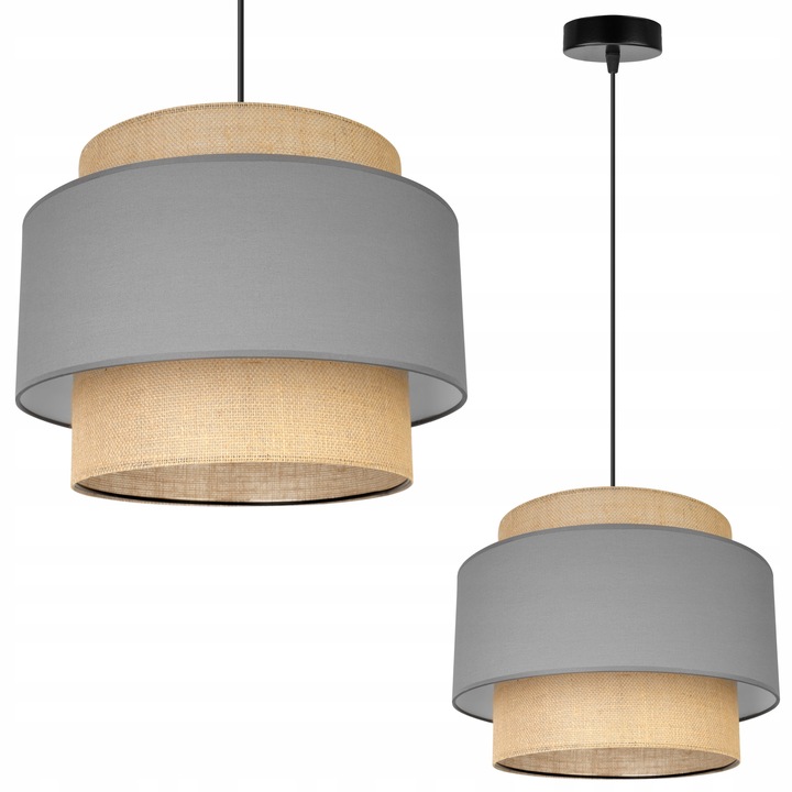 Plafoniera suspendata, Light Home, Boho, reglabile, Lungime 104 cm, Abajur 35 cm, E27, 1 punct de lumina, material textil, Gri/Bej