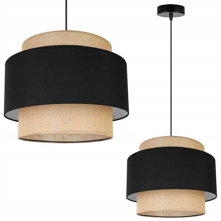 Plafoniera suspendata, Light Home, Boho, reglabile, Lungime 104 cm, Abajur 35 cm, E27, 1 punct de lumina, material textil, Negru/Bej