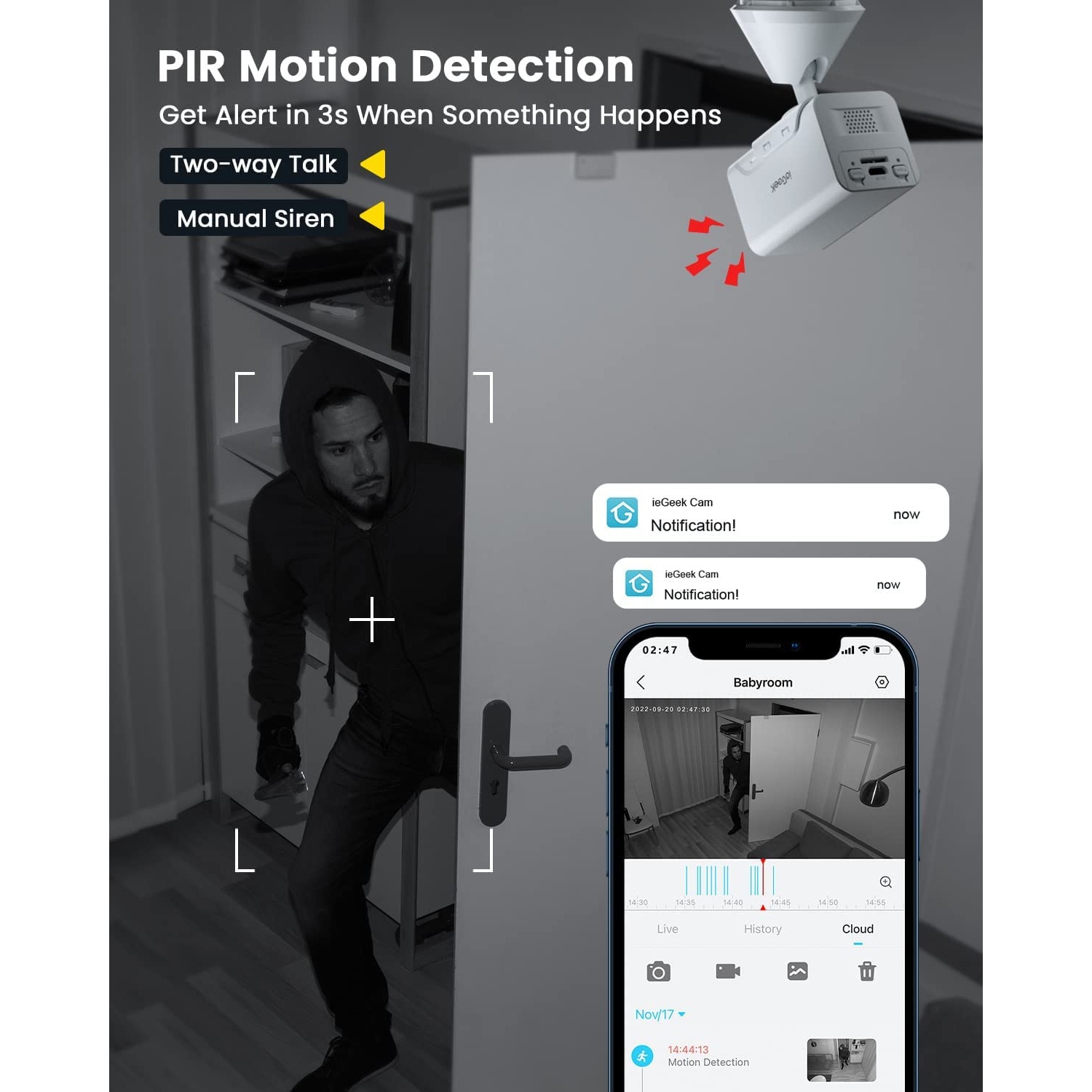 Camera de securitate pentru interior fara fir, IeGeek, 1080P, Night ...