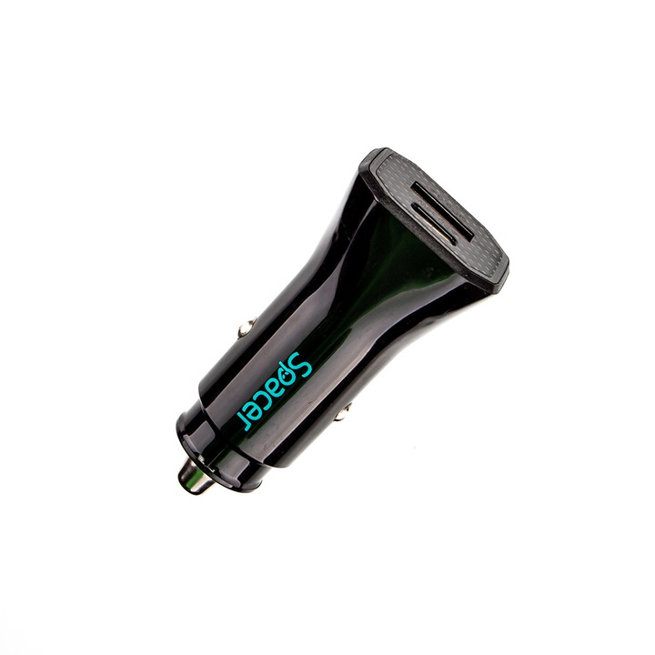 Alimentator auto Spacer Fast Charge 12W 5V/2.4A max putere 12W 1 x USB si 1 x USB Type-C pt. bricheta auto, Negru