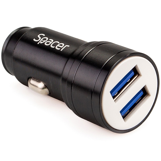 Alimentator auto Spacer Fast Charge 17W 5V/3.1A max putere totala 17W 2 x USB pentru bricheta auto, Negru