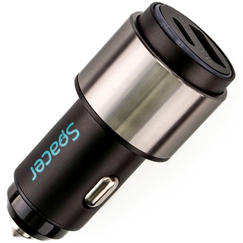 Alimentator auto Spacer QC si PD 38W total max Quick Charge 18W & Power Delivery 20W 38W total max 1 x USB si 1 x USB Type-C LED ambiental pentru bricheta auto, Negru