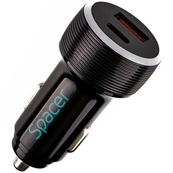 Aliemtator auto SPACER Quick Charge 17W 3.1A max putere totala 17W LED ambiental 1 x USB si 1 x USB Type-C pentru bricheta auto, Negru