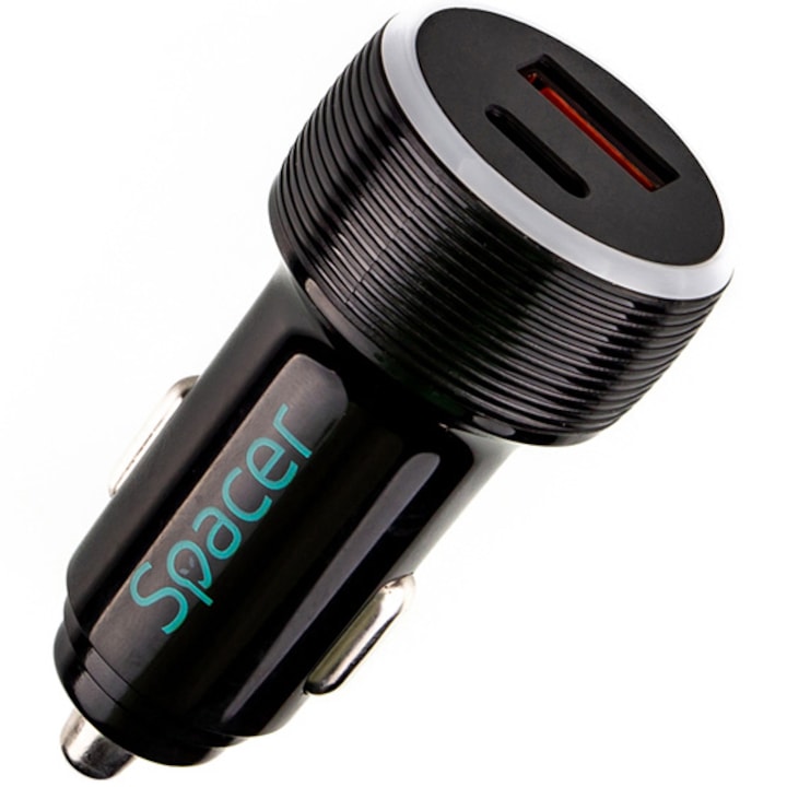 SPACER Quick Charge autós töltő 17 W 3,1 A maximális teljes teljesítmény 17 W környezeti LED 1 x USB és 1 x USB Type-C autós szivargyújtóhoz, fekete