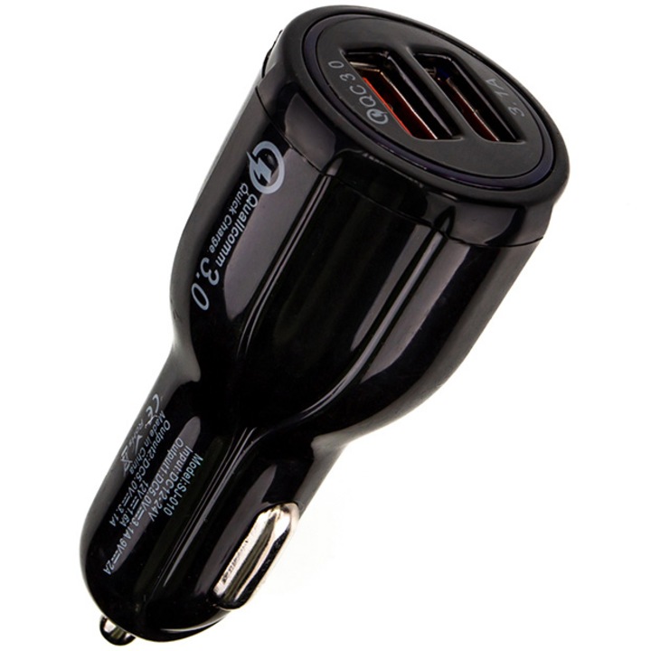 Autós töltő Távtartó 2 x USB (1 x USB QC3.0 és 1 USB max. 3.1A) autós szivargyújtóhoz, fekete
