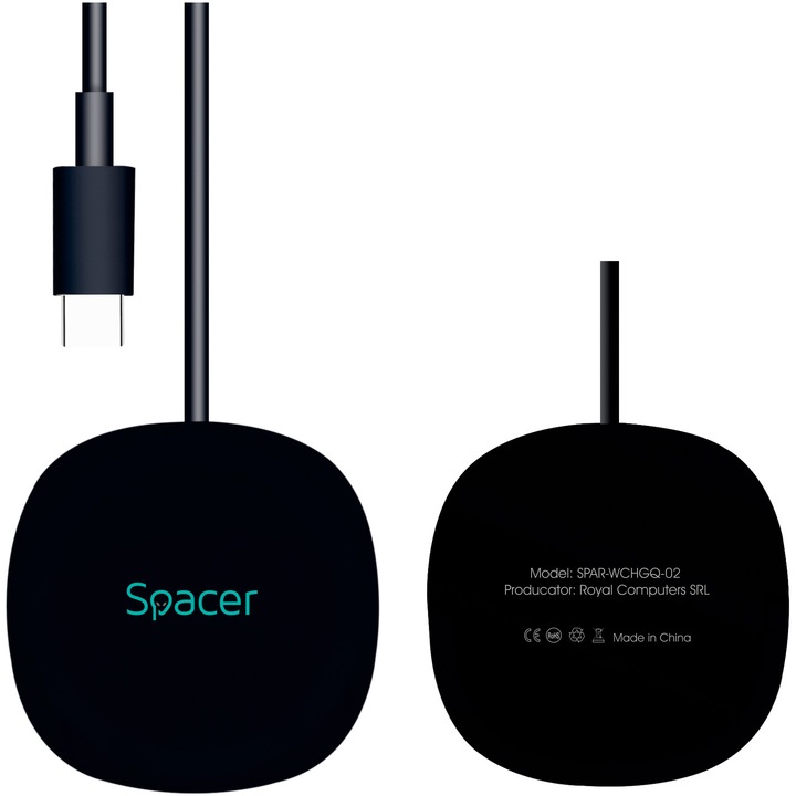 Безжично зарядно устройство Spacer Quick Charge 15W Qi, Конектор Type-C, Стойка чрез магнитно закрепване, Черен