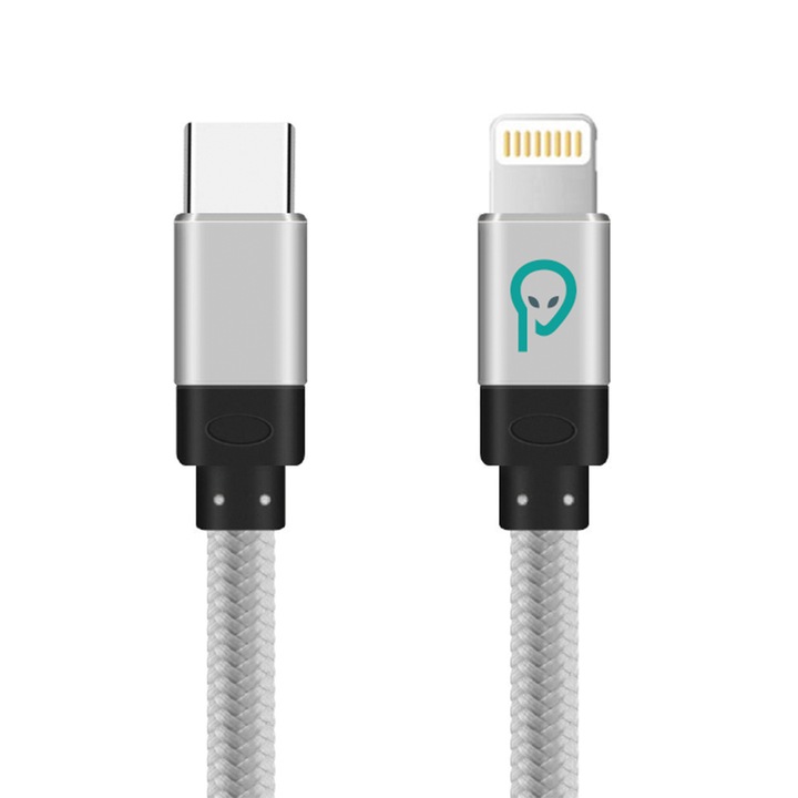 Кабел за данни Spacer, USB Type-C (T) към iPhone Lightning (T), Плетен, 1,8 м, Сребрист
