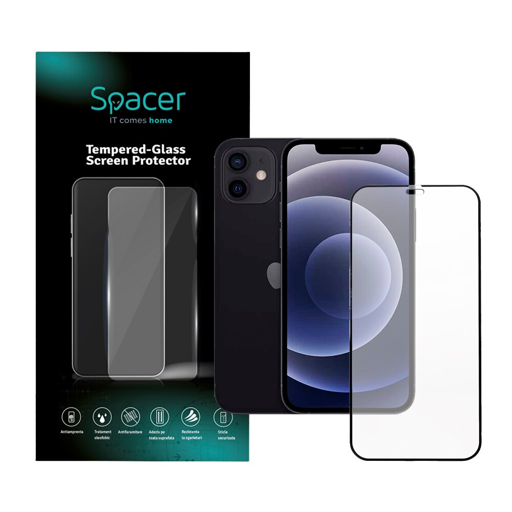 Folie de protectie Spacer pentru iPhone 12 si 12 Pro, sticla 9D, duritate 9H, Tempered Glass