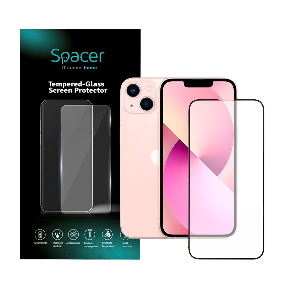 Folie de protectie Spacer pentru iPhone 13 si 13 Pro, sticla 9D, duritate 9H, Tempered Glass