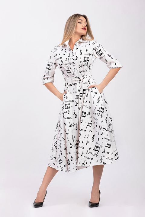 CAMISSI, Rochie-camasa evazata cu cordon in talie, Negru/Alb optic