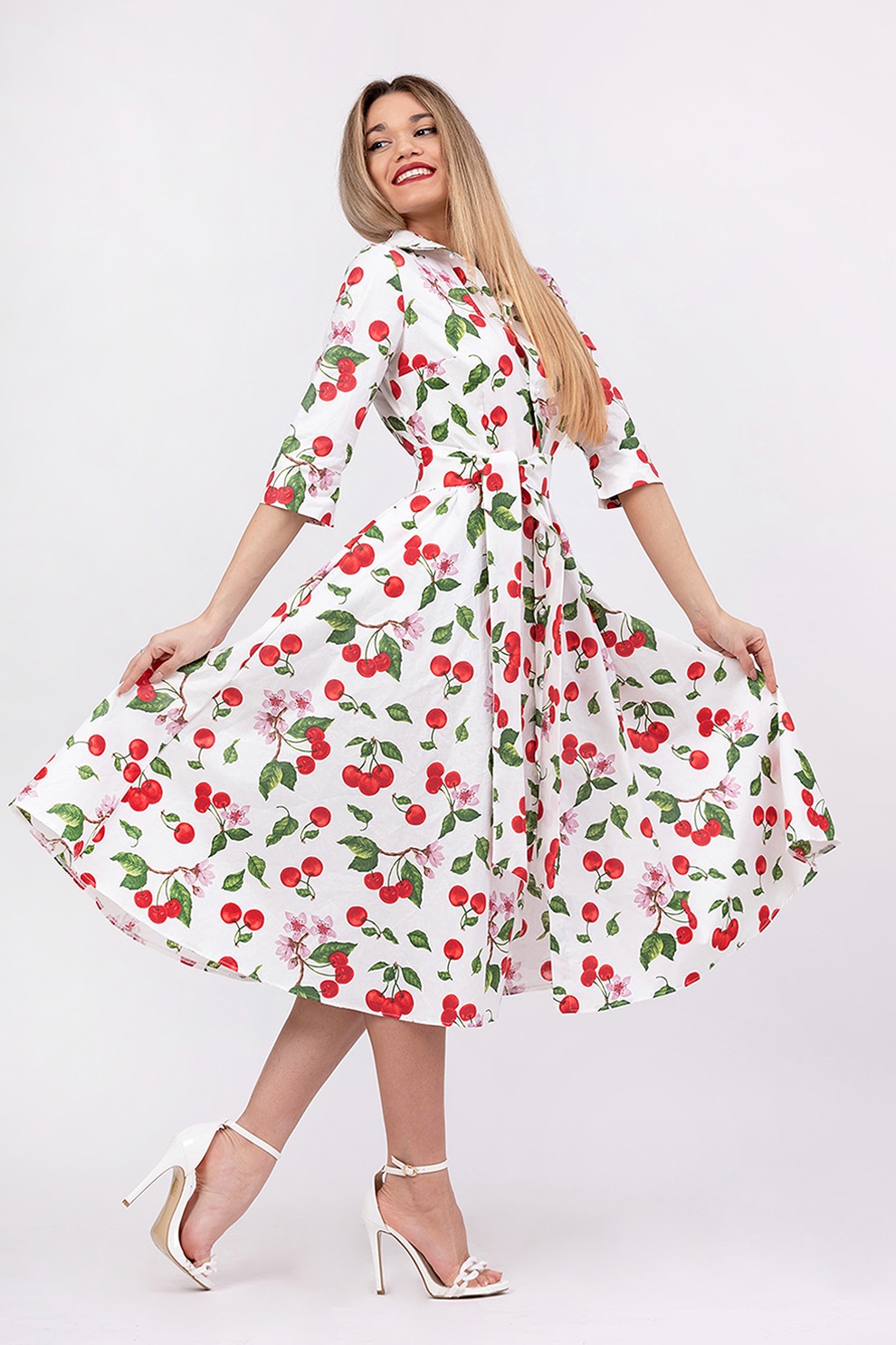 CAMISSI, Rochie-camasa evazata cu cordon in talie, Rosu, Alb, Verde, S-M