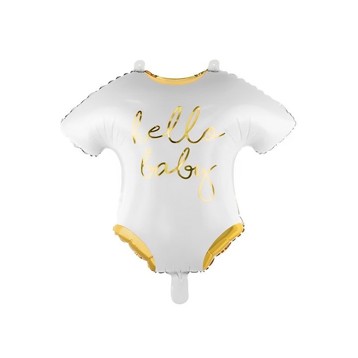 Балон Hello Baby IdealStore, Изработен от фолио във формата на тяло, Бял цвят със златист метален принт, Размер 51 x 45 см, Може да се надува както с въздух, така и с хелий, Идеален за бебешко парти