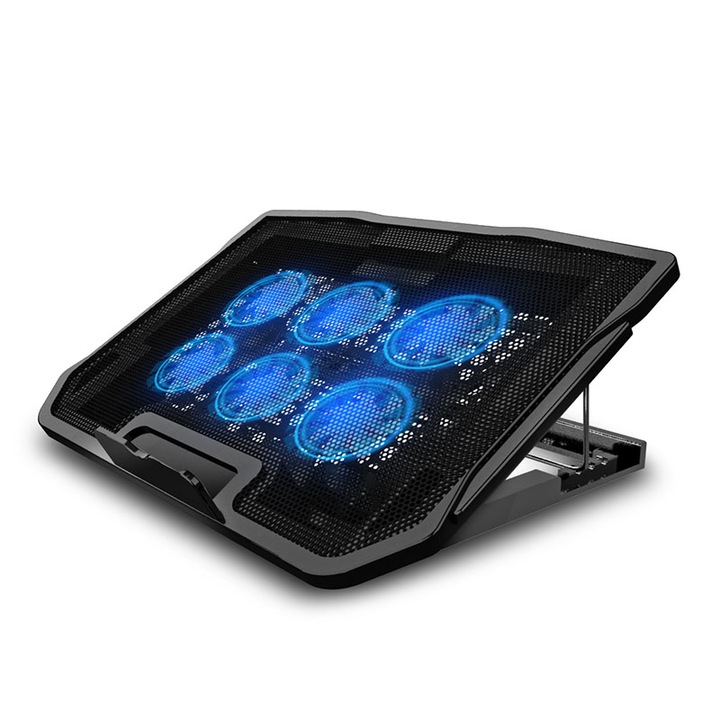 Охладител за лаптоп, с 6 вентилатора, двоен USB, разсейване на топлината, неплъзгащ се, KINSI, черен