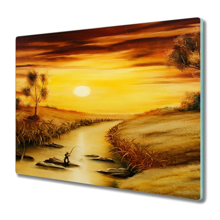 Tocator pe sticla, Coloray, Dreptunghi, Pictura Peisaj Copaci Rau Pescar, Galben, 60 cm x 52 cm, 010010520040000048557