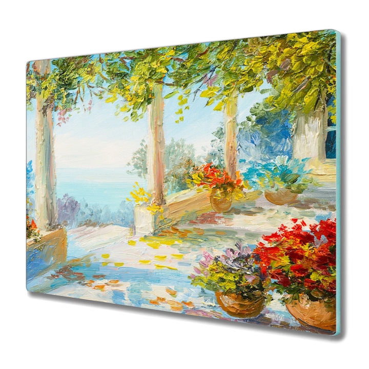 Vágódeszka, Coloray, Üveg, Négyszögletes, Olajfestmény Tengeri Virágok Fák Kilátás, Többszínű, 60 cm x 52 cm, 010010520040000048563