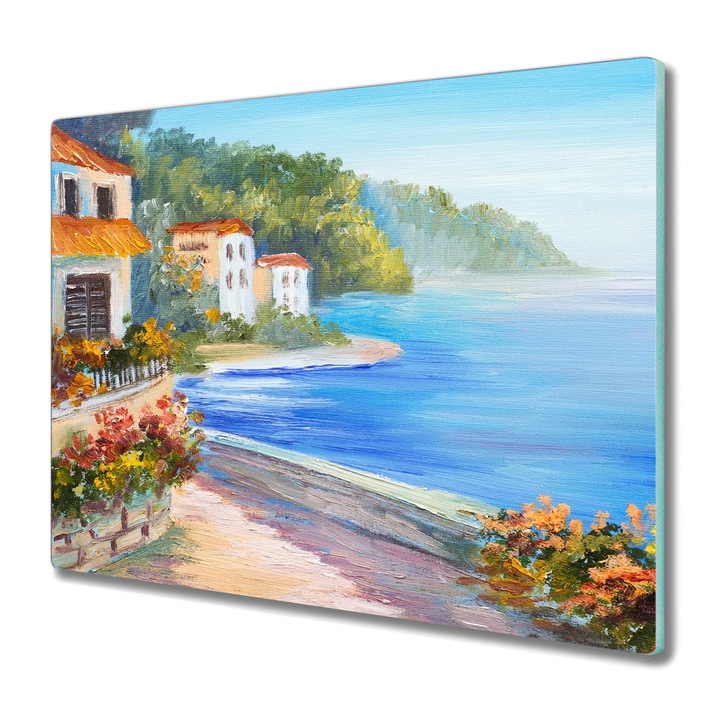 Tocator pe sticla, Coloray, Dreptunghi, Pictura In Ulei Flori De Coasta Mare Cer, Verde, 60 cm x 52 cm, 010010520040000049416