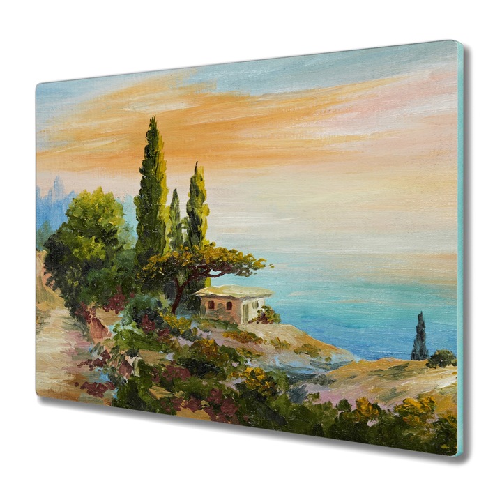 Vágódeszka, Coloray, Üveg, Négyszögletes, Olajfestmény Fák Tengerparti Naplemente, Sárga, 60 cm x 52 cm, 010010520040000049379