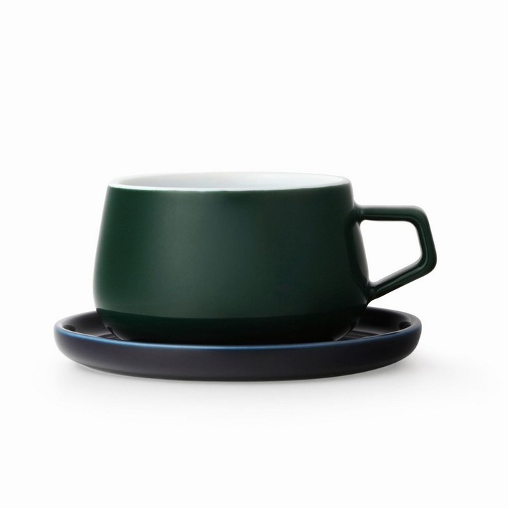 Bögre csészealjjal, Viva, porcelán, zöld/fekete, 250 ml