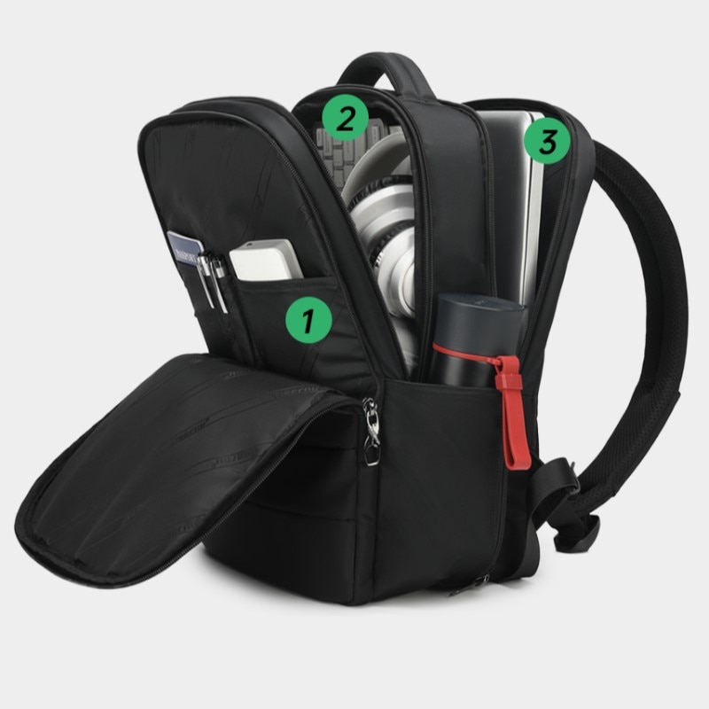 Rucsac laptop 14" smart business, impermeabil, cu orificiu pentru cabluri audio, Tigernu, 42x29x16 cm, Negru