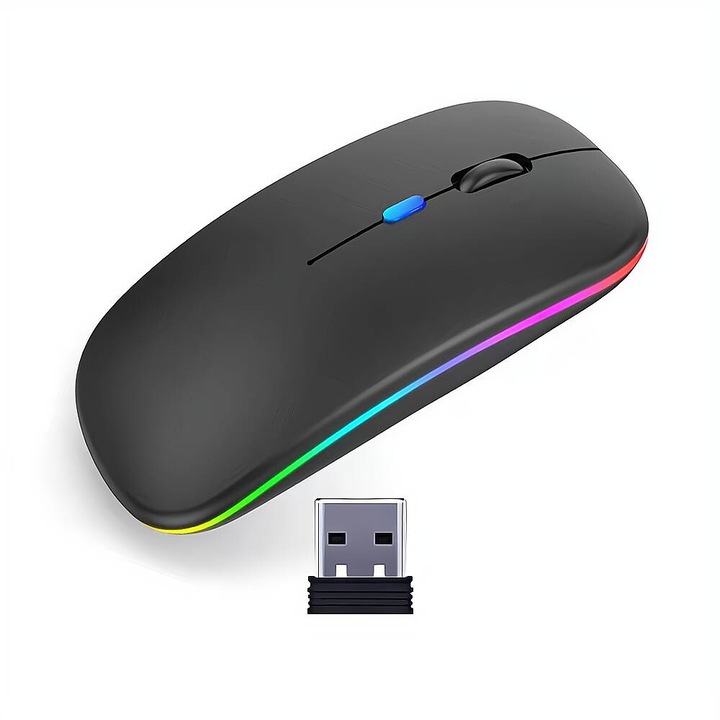 Mouse Wireless Fbirddek® 518 Bluetooth 5.1 si 2.4GHZ, 7 culori cu LED-uri, Receptor USB, Mut, 4 Butoane, Reglabil 800/1200/1600DPI, Ergonomic, Pentru laptop PC Mac, 500mAh, Iluminare RGB, Negru mat