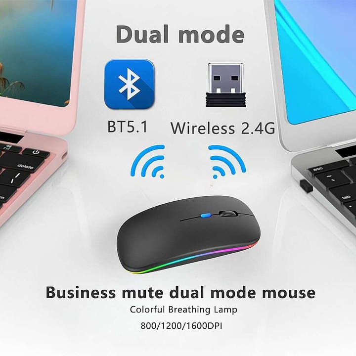 Fbirddek™ Egér, vezeték nélküli, 518 Bluetooth 5.1 és 2.4GHZ, 7 szín LED-ekkel, USB vevő, némítás, 4 gomb, állítható 800/1200/1600DPI, ergonomikus, PC Mac laptophoz, 500mAh, RGB világítás, matt fekete