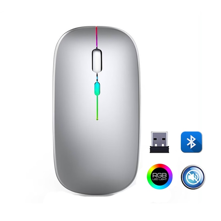 Fbirddek® Vezeték nélküli egér Bluetooth 5.1 és 2.4GHZ, 7 szín LED-ekkel, USB vevő, Némítás, 4 gomb, Állítható 800/1200/1600DPI, Ergonomikus, PC Mac laptophoz, 500mAh, RGB világítás, Ezüst