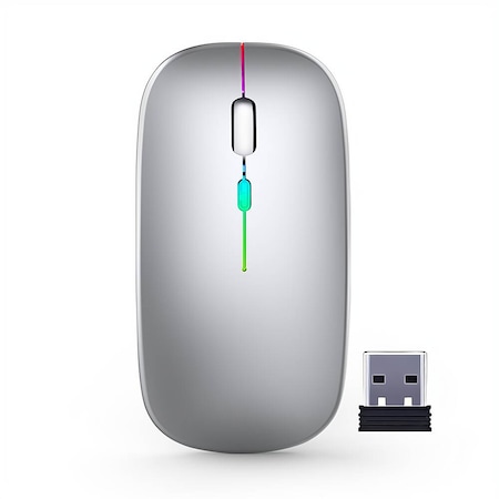 Mouse Wireless Fbirddek™ 518 Bluetooth 5.1 si 2.4GHZ,7 culori cu LED-uri,Receptor USB,Mut,4 Butoane,Reglabil 800/1200/1600DPI, Ergonomic, Pentru laptop PC Mac,500mAh,Iluminare RGB,Argint