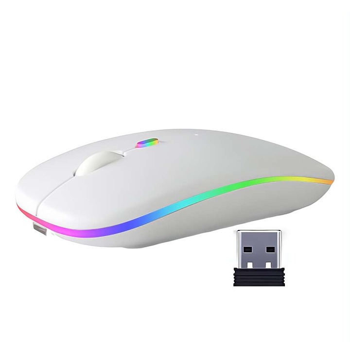 Fbirddek™ Vezeték nélküli egér, Bluetooth 5.1 és 2.4GHZ, 7 szín LED-ekkel, USB vevő, Némítás, 4 gomb, Állítható 800/1200/1600DPI, Ergonomikus, PC Mac laptophoz, 500mAh, RGB világítás, Fehér