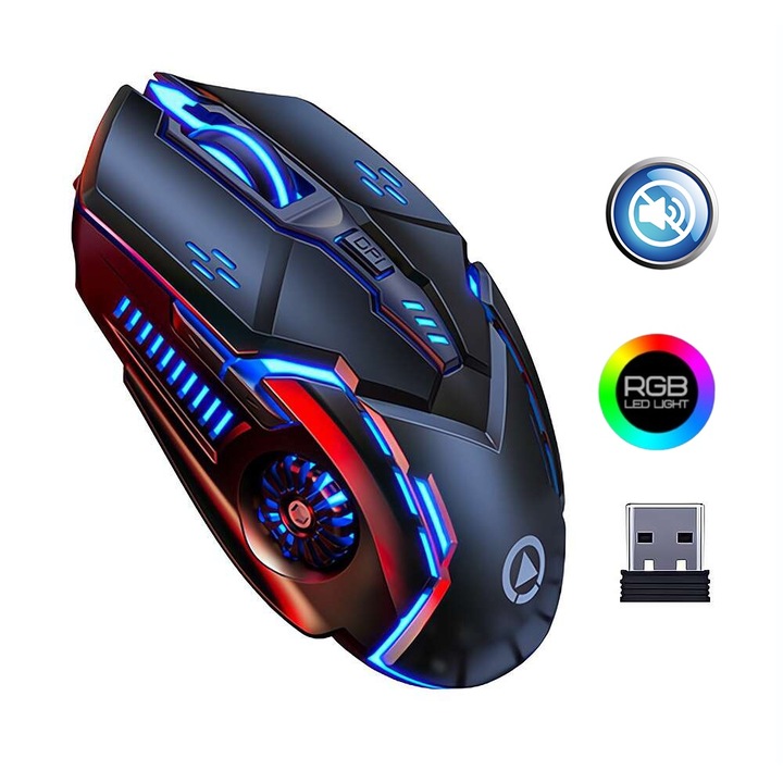 Fbirddek™ A9 Vezeték nélküli gamer egér, 7 fényeffektus, USB-vevő, 6 gomb, állítható 1200/1600/2400 /3200DPI, 2,4 GHZ, 400 mAh, némítás, RGB világítás, újratölthető, univerzális, fekete
