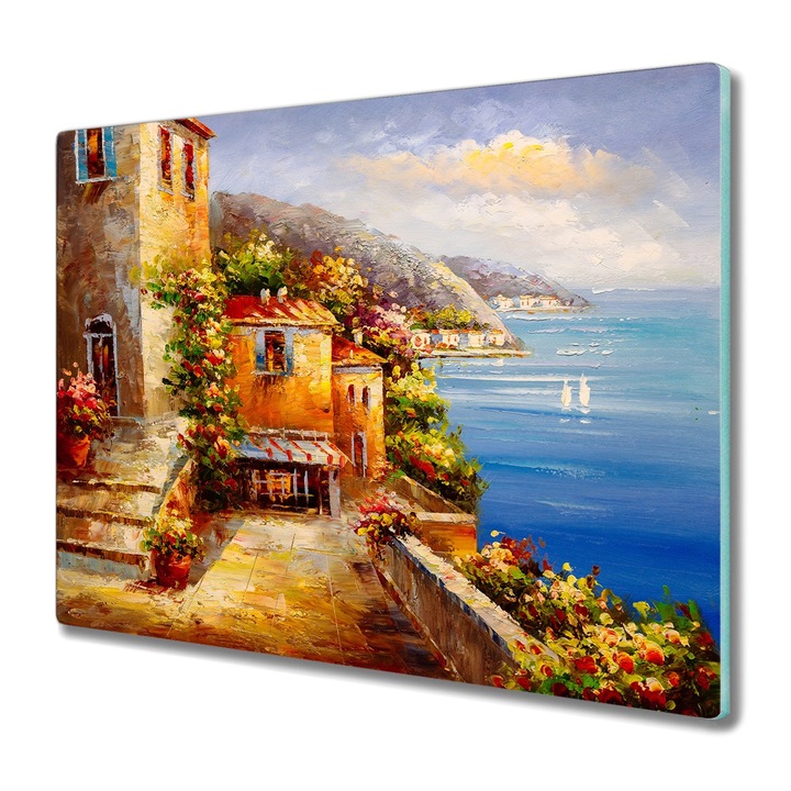 Vágódeszka, Coloray, Üveg, Négyszögletes, Festés Városi Épületek Tenger Partján Virágok, Többszínű, 60 cm x 52 cm, 010010520040000052674