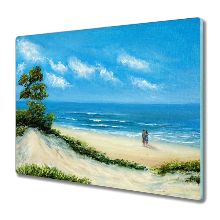 Tocator pe sticla, Coloray, Dreptunghi, Pictura Coasta Cuplu Plaja Valuri De Mare, Albastru, 60 cm x 52 cm, 010010520040000052659