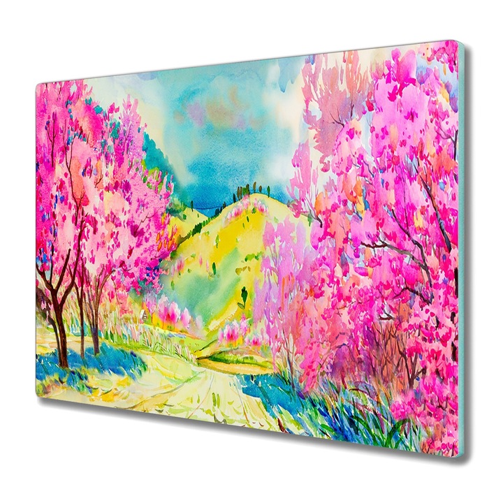 Tocator pe sticla, Coloray, Dreptunghi, Pictura Peisaj Abstracte Copaci Dealuri, Multicolor, 60 cm x 52 cm, 010010520040000052739