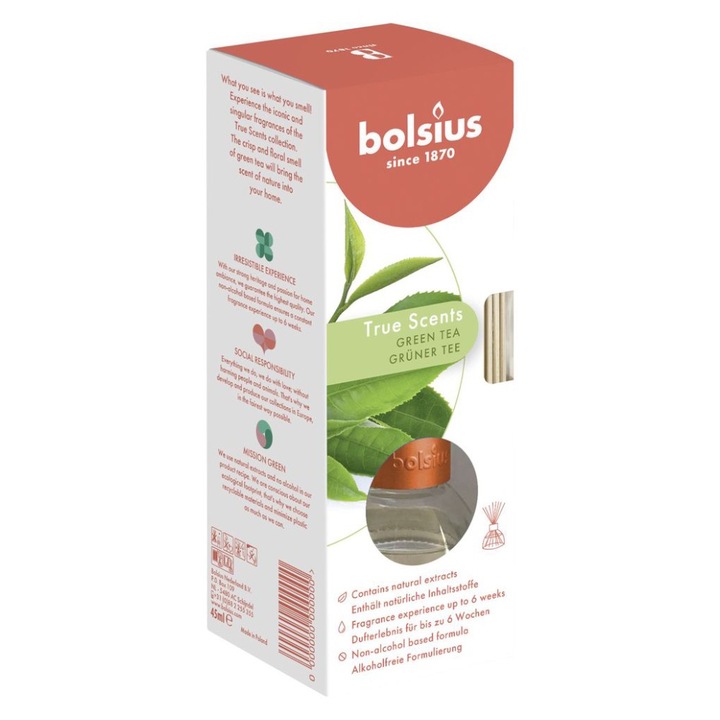 Set 3 x Odorizant cu Betisoare Bolsius True Scents Ceai Verde, 45 ml