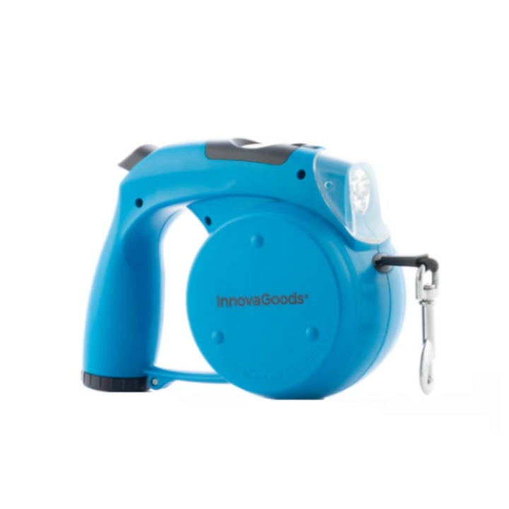 InnovaGoods-V068 automata kutyapóráz, kutyáknak 35 kg-ig, digitális óra, LED lámpák, zár, tál nyitható fedéllel víz és étel tárolására, táskarekesz, póráz hossza 4 m, tápegység 2 x AAA és 1 x LR41, kék /fekete