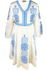 ICHI, Rochie din brocard cu insertie elastica Yesika, Alb/Albastru