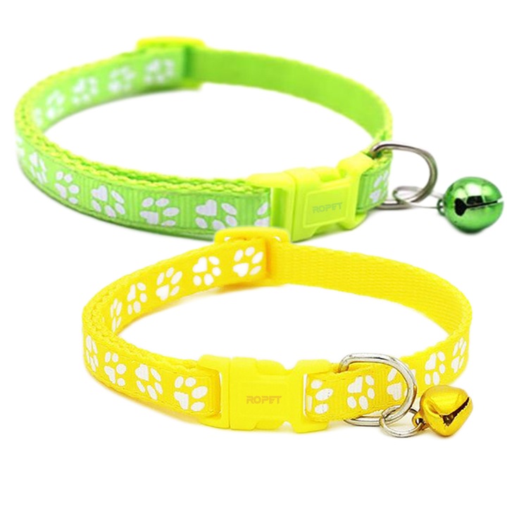 Set 2 x Zgarda ajustabila cu clopotel pentru caini si pisici, 18-32cm/1cm, Galben/Verde, Ropet