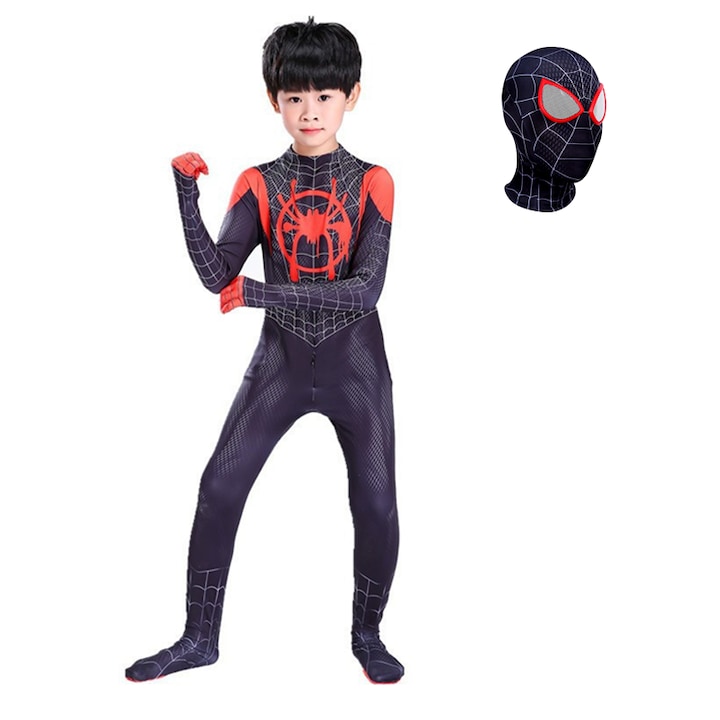 Costum Copii Spider-Man Miles Baieti Set, 110-120 cm, Poliester, Negru