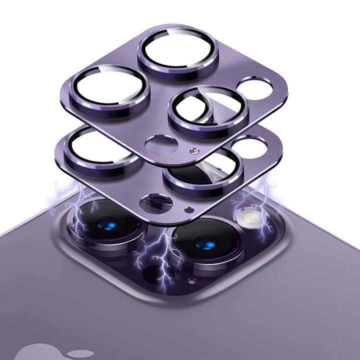 Protector de obiectiv foto compatibil cu iPhone 14 Pro Max / iPhone 14 Pro, protector ecran din sticla calita 9H, capac de protectie metalica pentru obiectiv de protectie pentru iPhone 14 Pro / iPhone 14 Pro Max - Violet