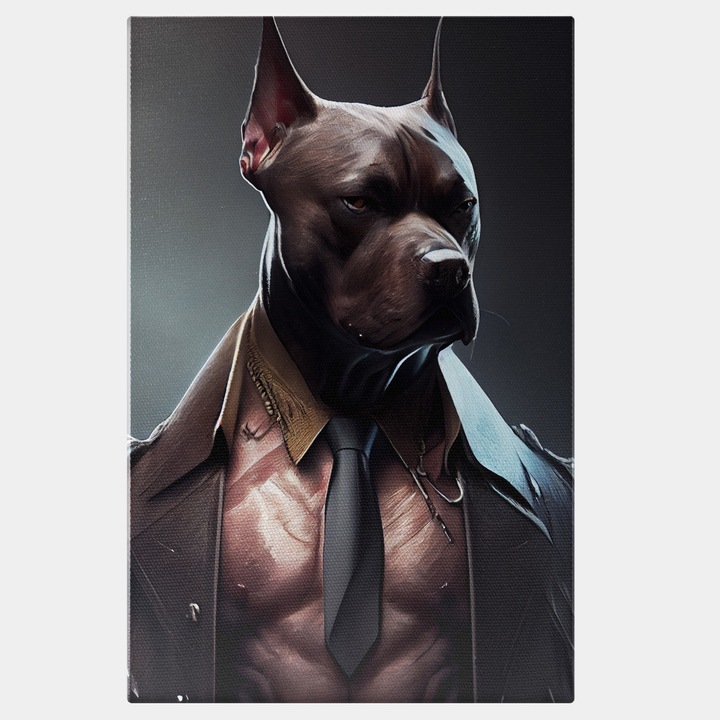 Картина на платно Портрет на куче в костюм с гърди, Студийно снимане, Любители на кучета, Малък радиус на височина, Абстрактно изкуство, Мотивиращо 25x40 см, Многоцветно