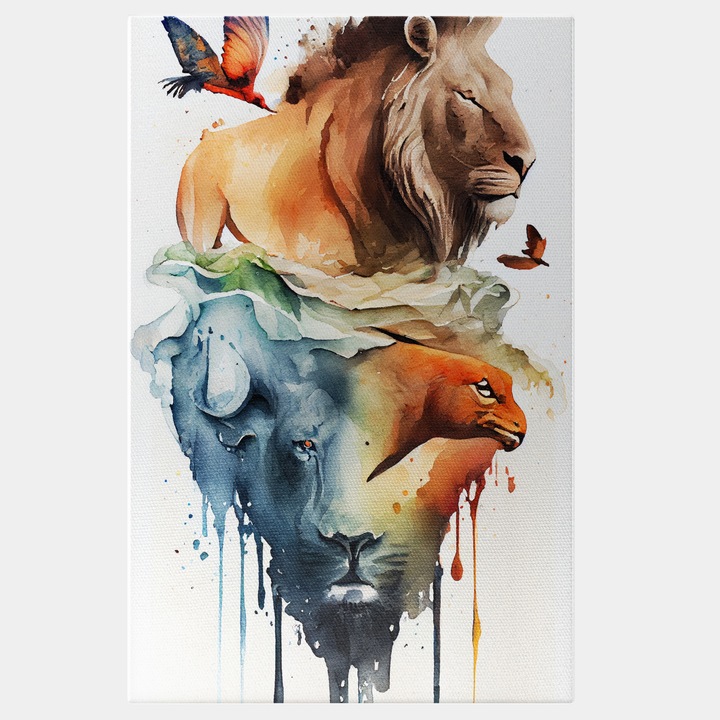 Tablou Canvas Cu Animale Salbatice, Caprioara, Vulture Leu, Pasare, Pictura Curgatoare 25x40 cm, Multicolor