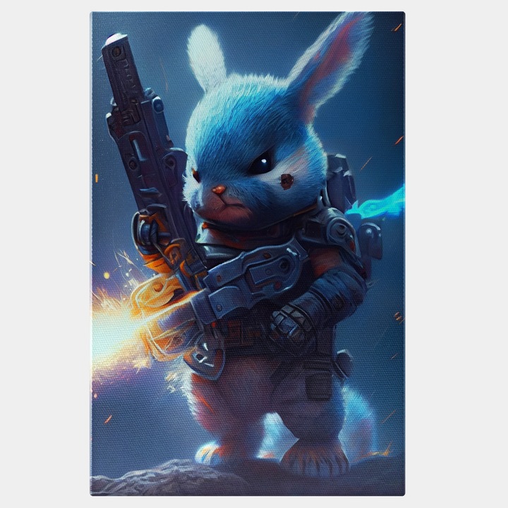 Картина на платно със синьо пиле, заек с пистолет и сини очи, аксесоар за глава, облекло на воин, абстрактно изкуство, 25x40 см, многоцветен