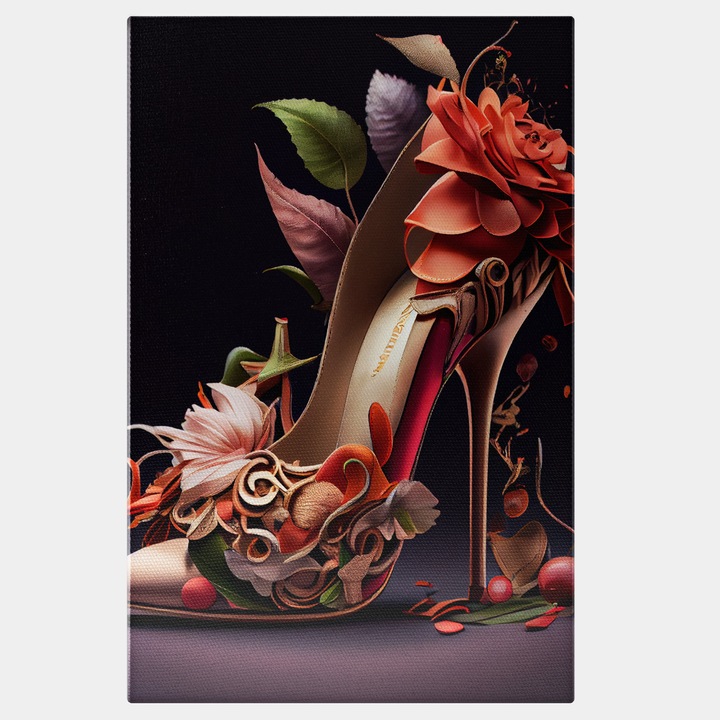 Tablou Canvas Pantof Rosu Cu Flori, Studio Shooting, Incalataminte Dama, Elegant, Arta Abastracta, Motivational 25x40 cm, Multicolor