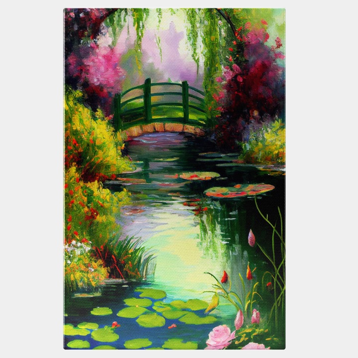 Tablou Canvas Cu Pod Din Lemn Plin De Verdeata, Lac Stralucitor, Flori Innflorite, Priveliste Ca In Basme, Arta Detalilor, 25x40 cm, Multicolor