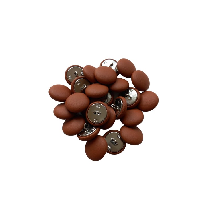 Set 25 nasturi metalici cu picior rotunzi, imbracati in piele ecologica maro 1.5 cm marimea 28